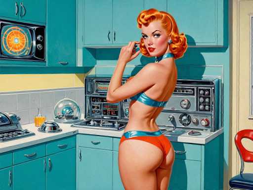 A retro kitchen scene features a woman in a blue bikini standing beside a vintage turquoise and chrome kitchen setup. The art style is mid-20th century, with bold colors and a focus on clean lines. The woman's pose is playful, highlighting the kitchen appliances like a radar-style TV and a radio.