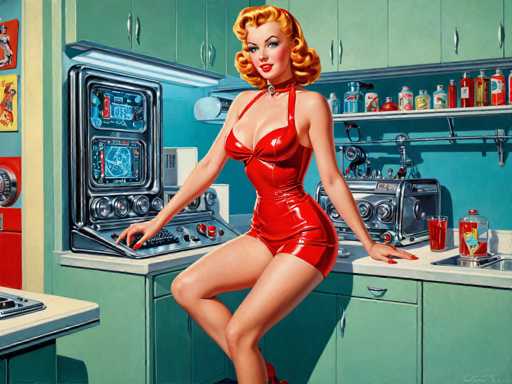 A vibrant, retro-style illustration depicts a curvaceous woman in a red form-fitting dress leaning against a teal kitchen counter. She's interacting with a futuristic, chrome kitchen appliance with glowing digital displays and dials. The scene is filled with vintage kitchenware and a playful, mid-20th-century aesthetic.