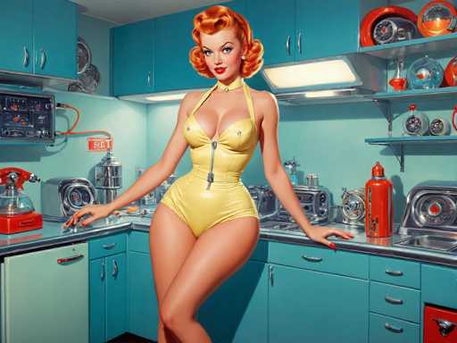 A woman with red hair and a yellow dress stands confidently in front of a kitchen sink filled with dishes, wearing a gold strapless dress that matches the color scheme of the room. The kitchen is painted in a soothing blue-green color, and various appliances are scattered around the space, including an oven on the right side and a dishwasher near the center.