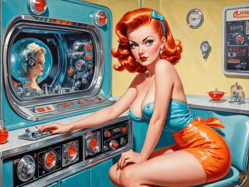 A vibrant, retro-futuristic scene features a woman with fiery red hair and a blue dress interacting with a vintage listening booth. The art style is reminiscent of 1950s pin-up art, with a focus on bold colors and stylized forms. The woman is the central figure, positioned in front of the booth's control panel, while a mirrored reflection shows another woman inside.