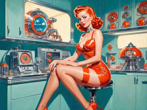 A retro-futuristic woman with vibrant red hair and a form-fitting orange dress sits on a stool in a kitchen filled with vintage appliances. The scene is bathed in a warm, slightly nostalgic light, showcasing a blend of mid-20th-century design and a touch of playful glamour.