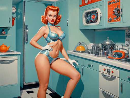 A woman with red hair and a blue bikini top is standing in front of a kitchen sink filled with dishes. The kitchen features white cabinets and a blue refrigerator, creating an old-fashioned atmosphere.