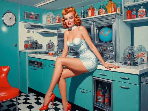 A woman with red hair and a strapless dress is seated on the counter of an old-fashioned kitchen, wearing red high heels. The kitchen features blue cabinets and a stove, and there are various bottles and jars scattered around the room.