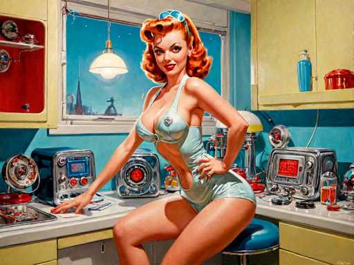 The image depicts a woman with red hair and an orange headband posing in front of a kitchen counter filled with various appliances including a microwave, ovens, and a radio. The painting is executed in the style of a cartoon or comic strip, featuring exaggerated features and bold colors to create a lively and humorous atmosphere.