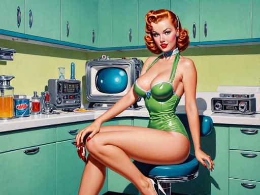 The image depicts a woman wearing a green swimsuit and red lipstick sitting on a stool in front of a kitchen counter with various appliances such as an old-fashioned television set, radio, and blender. The background is painted in a light blue color, providing a contrast to the vibrant green of the woman's swimsuit.