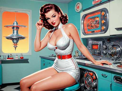 A retro-futuristic kitchen scene features a glamorous woman in a white halter dress, seated on a teal stool. She's surrounded by vintage appliances like a radar-style radio and a chrome stove, all in pastel teal tones. The art style is reminiscent of mid-20th-century pin-up art, emphasizing a stylized, idealized female figure in a clean, retro setting.