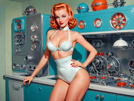 A woman with red hair and a white bikini top is posing in front of a blue and silver industrial kitchen. The kitchen features various appliances such as an oven, stove, sink, and refrigerator, all painted in shades of blue and silver.
