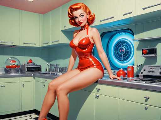 The image depicts a woman wearing an orange dress and high heels sitting on the counter of a kitchen with white cabinets and a blue backsplash. The woman is positioned near a sink that has a red faucet and a silver handle. A red ball is also present in the scene, possibly a decorative item or a toy for children.