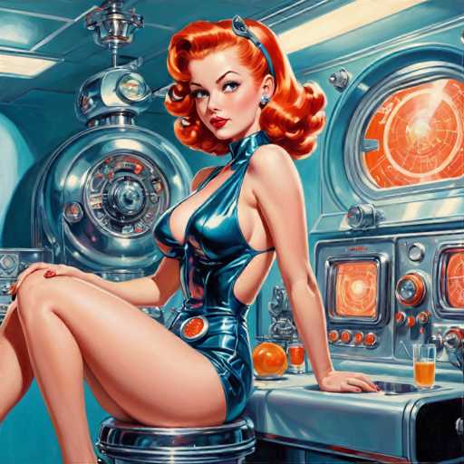 The image depicts a woman with red hair and an orange dress sitting on a stool next to a control panel of a spaceship. The background features a large metal machine that appears to be part of the ship's propulsion system. A glass window is visible in the background, possibly offering a view of the outside environment or serving as a communication device.