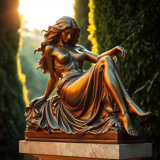 This image features a bronze statue of a woman, meticulously crafted to capture the essence of classical beauty. The statue is positioned on a square base, which is itself mounted on a larger square platform, creating a solid foundation for the artwork. The woman is depicted in a seated pose, with her legs elegantly crossed. She is adorned in a flowing dress that cascades from her waist down to her feet, adding a sense of grace and movement to the piece.

The statue's most striking features include her long, wavy hair that cascades down her back, framing her face and adding to the overall allure. Her bare chest is accentuated by a sash that drapes over her torso, leaving her arms and the rest of her body fully exposed. The artist has skillfully captured the natural contours of her form, with particular attention to the realistic depiction of her breasts and legs.

The statue's face is serene and contemplative, with her gaze directed downward, giving her a thoughtful and introspective expression. The bronze material of the statue has a warm, golden hue that is beautifully highlighted by the sunlight, which appears to be streaming in from the left side of the image. This lighting effect enhances the statue's texture and brings out the intricate details of her form.

The background of the image is softly blurred, featuring what seems to be a natural setting with trees and bushes. This out-of-focus backdrop serves to emphasize the statue as the central focus of the composition, allowing the viewer to appreciate the artistry and craftsmanship of the piece.