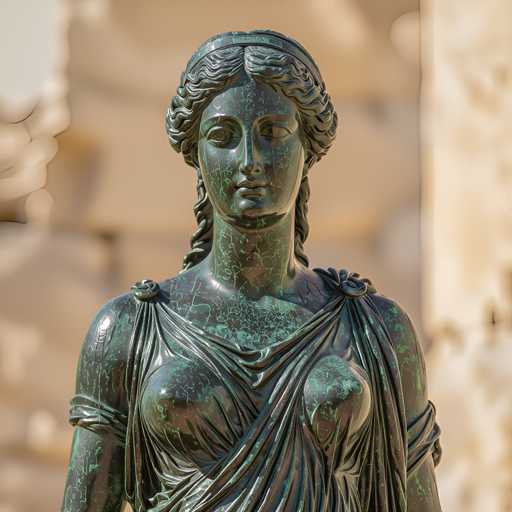 The image shows a close-up view of a statue of a woman with long hair and a flowing dress. The statue is made of bronze and has a greenish patina that gives it an antique appearance. The background appears to be a wall or building, providing context for the location where the statue is displayed.