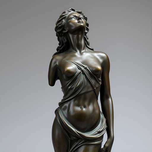 The image shows a bronze statue of a woman with long hair and a flowing dress. The statue is standing against a gray background, which contrasts with the bronze color of her attire. The woman's pose suggests she is looking up or to her left, as if she is in motion or about to make a turn.