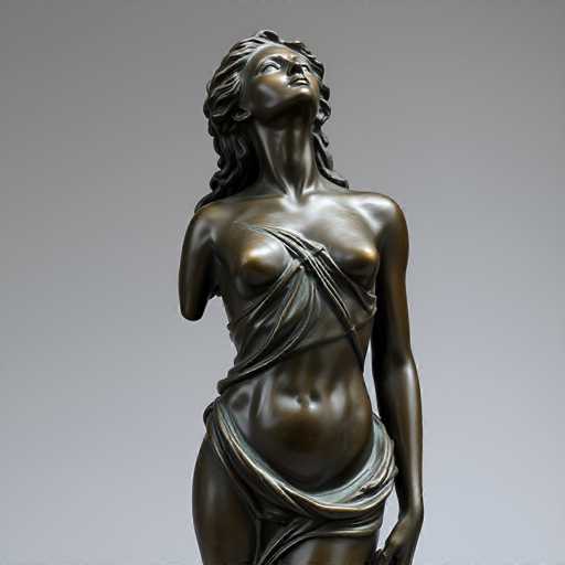 A detailed, high-resolution close-up shot of a bronze statue of a female figure with a missing arm. The statue is dark brown, showing subtle variations in tone and texture due to the bronze material. The figure is draped in flowing fabric, with one arm raised towards the sky and the other arm bent at the elbow. The face is turned upwards, with a serene expression. The background is a plain gray surface, which emphasizes the detail and form of the statue.