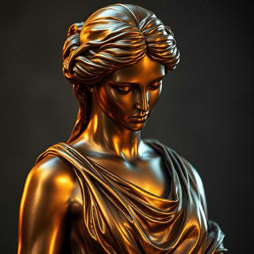 This image features a detailed statue of a woman, crafted from a material that appears to be bronze or gold. The statue is depicted from the chest up, with her head slightly tilted downward, gazing towards the bottom right corner of the frame. Her long hair is intricately styled, with the front portion neatly tucked behind her ears and the back portion flowing down her back. The statue is adorned in a toga-like garment, which drapes elegantly over her shoulders and chest, adding to the classical aesthetic. The background is a solid black, which accentuates the statue's golden hue and intricate details.