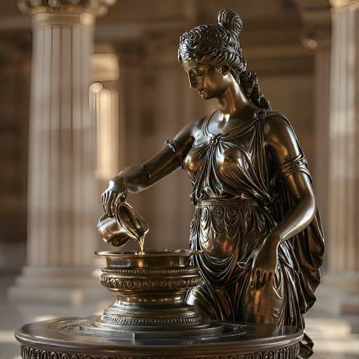 The image depicts a bronze statue of a woman, possibly representing a Greek goddess, positioned in what appears to be a museum or historical building. The statue, which has a dark bronze hue, shows the woman in a flowing gown with her hair styled in a bun. She is pouring liquid from a small pitcher into a larger bowl or chalice, which rests on a circular table. The background features blurred white pillars, adding to the classical ambiance of the scene. The statue's detailed craftsmanship and the serene posture of the woman contribute to the overall sense of timeless elegance and mythological significance.