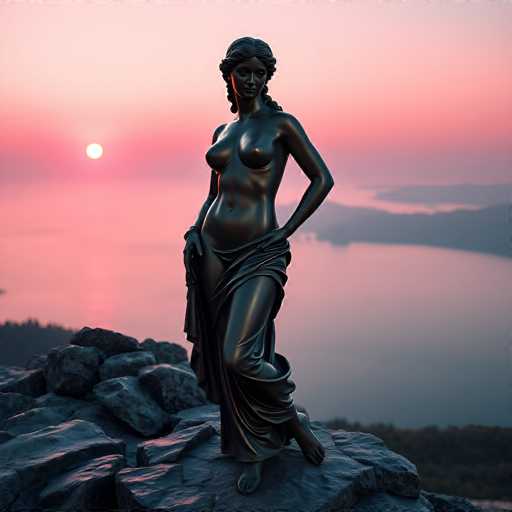 A striking statue of a woman stands majestically atop a rugged rock formation, overlooking a serene body of water. The statue, rendered in a dark gray hue, captures the essence of classical beauty with its detailed craftsmanship. The woman's long hair cascades down her back, and she is depicted in a graceful pose, with one leg bent and her foot resting on the rock. A flowing piece of fabric elegantly wraps around her waist, adding a touch of movement to the otherwise static figure. The backdrop features a tranquil expanse of water, with the sun setting on the left side of the horizon, casting a warm, golden glow across the scene. The sky is painted in soft shades of pink, enhancing the ethereal atmosphere. In the distance, the silhouettes of trees and landmasses add depth to the landscape, completing this picturesque and captivating view.