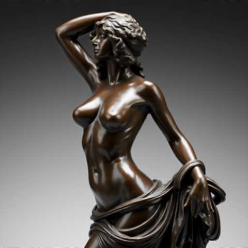 This image features a detailed statue of a woman, crafted from a material that appears to be bronze or copper, with a rich brown hue. The statue is depicted from the thighs up, showcasing the woman's slender and athletic physique. She is positioned with her left arm resting on her hip, while her right arm is bent at the elbow, with her hand placed behind her head. The woman's hair is short and curly, adding to her elegant appearance. A piece of cloth is draped around her waist, elegantly flowing over her left hip and extending down to her right side. The statue is set against a gradient background that transitions from dark gray at the top to light gray at the bottom, providing a striking contrast that highlights the figure.