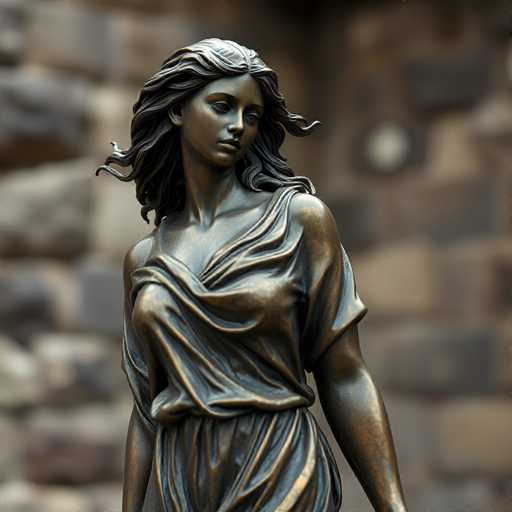 This image features a detailed statue of a woman, seemingly crafted from bronze or copper. The statue is depicted from the waist up, with her head turned to the right, gazing downward. She is adorned in a flowing dress that drapes elegantly over her shoulders and chest, with the fabric appearing to be caught in a gentle breeze, adding a sense of movement to the piece. The woman's long hair cascades down her back, with a few strands flowing over her shoulders, enhancing the naturalistic feel of the sculpture. The background is blurred, suggesting a stone wall, which serves to further highlight the intricate details of the statue. The overall composition exudes a sense of grace and serenity, capturing a moment of quiet contemplation.