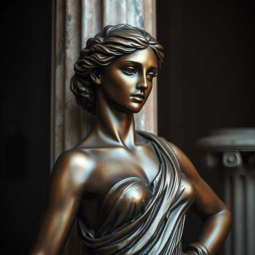 A bronze statue of a woman with long hair and a flowing dress stands against a marble column. The statue is positioned on the left side of the image, facing towards the right.