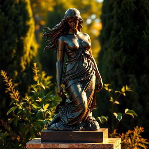 This image features a detailed statue of a woman, positioned on a square marble base. The base is predominantly brown with a hint of white on the left side. The statue itself is crafted from a bronze-like material, depicting a woman with long, flowing hair that cascades down to her waist. She is adorned with a toga-like garment that drapes elegantly over her body, revealing her bare chest. The statue's arms are relaxed at her sides, and her gaze is directed downward, adding a contemplative expression to her demeanor. The background is blurred, with a mix of green and yellow hues, suggesting the presence of trees and foliage. The lighting in the image is particularly striking, with a bright light source illuminating the statue from the left side, enhancing its bronze-like appearance.