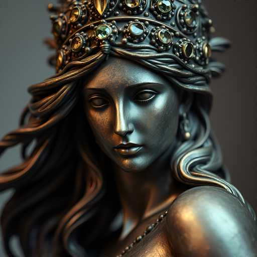 The image depicts a detailed statue of a woman, seemingly crafted from bronze or a similar metal. The statue is shown from the chest up, with her head turned slightly to the left. She has long, flowing hair that cascades down to her chest, adorned with a crown or tiara featuring intricate designs and what appear to be green jewels. The woman's eyes are closed, and she has a serene expression. She is wearing a single earring on her left ear and a necklace that drapes over her shoulder. The background is a plain gray, which accentuates the statue's metallic sheen and fine details.