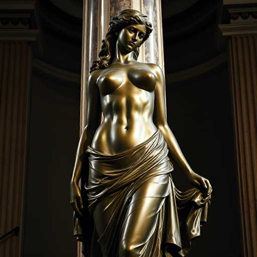 A golden statue of a woman, draped in flowing fabric, stands in a dimly lit room. The statue is highly detailed, showcasing the woman's form and the folds of her garment. She has a serene expression and is looking down, holding one arm gracefully with the fabric. The background is dark, highlighting the golden figure and creating a sense of depth.