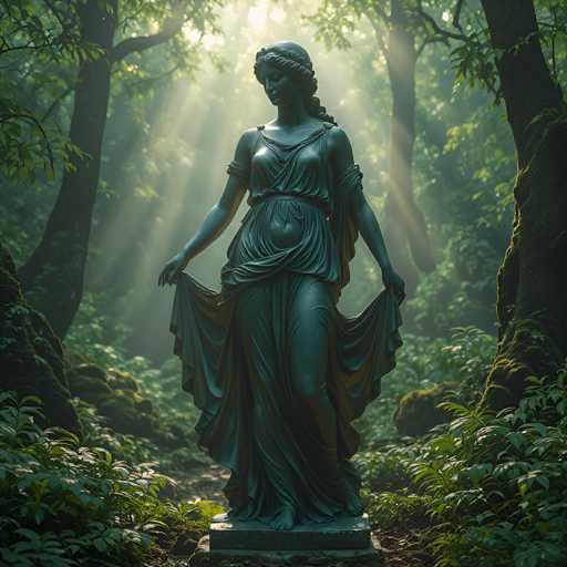 The image depicts a serene forest scene with a statue as the central focus. The statue, which appears to be made of stone or metal, stands on a small square platform. It represents a woman with long, curly hair styled in a braid that drapes over her left shoulder. She is dressed in a flowing, sleeveless gown that extends to her feet, with the fabric gathered at her waist and held up by her hands, revealing her bare feet.

The statue's face is turned slightly to the left, and she gazes downward, giving her a contemplative expression. The surrounding forest is lush with greenery, including trees, bushes, and grass. Sunlight filters through the canopy of trees, creating a dappled effect of light and shadow on the forest floor. The overall atmosphere is one of tranquility and natural beauty, with the statue harmoniously integrated into its woodland setting.