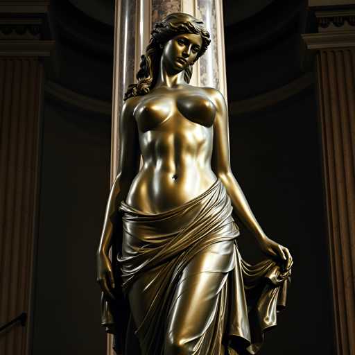 The image shows a bronze statue of a woman standing on her tiptoes with her arms outstretched and legs apart. The statue is positioned against the backdrop of a marble column, which adds to its grandeur. The statue appears to be in good condition, suggesting it has been well-maintained over time.