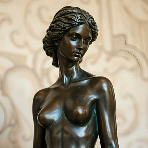A bronze statue of a woman with long hair and a flowing dress stands on a pedestal against a white wall adorned with intricate designs. The statue is positioned facing the left side of the image, creating a sense of balance in the composition.