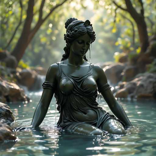 A bronze statue of a woman is depicted sitting in water surrounded by trees and rocks. The statue has her arms crossed over her chest and her head tilted back with her hair styled in braids.