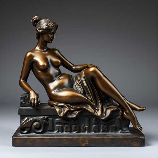 The image shows a bronze statue of a nude woman sitting on a bench with her legs crossed and her hands resting on the backrest. The statue is positioned against a gray background, which highlights its intricate details and craftsmanship.