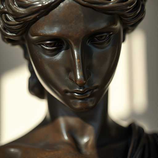 This image features a bronze statue of a woman, captured from the shoulders up. The statue is positioned at an angle, with her head turned slightly to the right, gazing downward. Her hair is intricately styled, pulled back into a bun, with loose strands framing her face. The statue's expression is serene, with closed lips and eyes that appear to be looking down. The bronze material exhibits a rich patina, adding depth and character to the piece. The background is blurred, with indistinct shapes that suggest a wall and possibly a window, ensuring that the focus remains on the detailed craftsmanship of the statue.