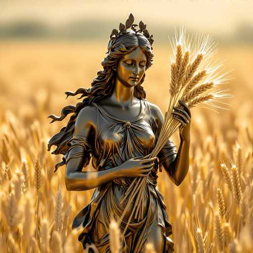 A bronze statue of a woman stands serenely in a field of golden wheat, her gaze directed downward. She wears a crown of leaves on her head, and her long, wavy hair cascades down her back. Her dress, intricately designed with a low neckline and a central knot, drapes elegantly over her form. The statue's right arm is bent at the elbow, with her hand resting gently on her hip, while her left arm is also bent, holding a sheaf of wheat. The wheat stalks in her hand are uniquely detailed, with the tips illuminated by a light source, creating a striking contrast against the bronze of the statue. The background is softly blurred, drawing focus to the statue and the wheat stalks in the foreground, which are illuminated by the same light, adding a magical glow to the scene.