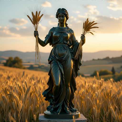 A striking statue of a woman stands prominently in the middle of a vast wheat field, bathed in the warm, golden light of either sunrise or sunset. The statue, rendered in a dark gray hue, depicts the woman with her hair intricately braided and styled in a bun. She is adorned in a flowing, classical-style dress that drapes elegantly around her form, with one arm gracefully extended to hold a sheaf of wheat. The other arm is positioned behind her, also clutching a sheaf of wheat. Her bare feet rest on a stone pedestal, grounding her in the serene landscape. The background features gently rolling hills and a sky painted with soft, fluffy clouds, adding to the tranquil and timeless atmosphere of the scene.