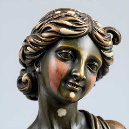 This image features a detailed statue of a woman, likely made of bronze or a similar metal. The statue is depicted from the shoulders up, with her head slightly tilted to the right. Her hair is intricately styled, with curls framing her face and a section pulled back, adorned with white dots that resemble pearls. The woman's skin is primarily a dark bronze color, with distinct white markings on her forehead, nose, and neck, as well as a prominent white spot on her cheek. Her cheeks are highlighted with a pinkish-red blush, and she has a subtle smile on her face. The statue's eyes are open, and she is wearing a toga-like garment, with the straps visible over her shoulder. The background of the image is a light gray, which accentuates the statue's detailed features and metallic finish.