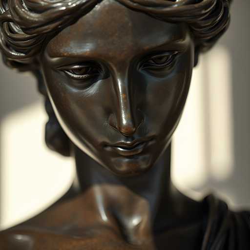 The image shows a close-up view of a bronze statue of a woman's face and neck. The statue is positioned against a white background, which highlights its intricate details. The woman's face features a pair of eyes that appear to be looking directly at the camera, giving her an intense gaze. Her nose and mouth are also clearly visible, adding to the realism of the sculpture.