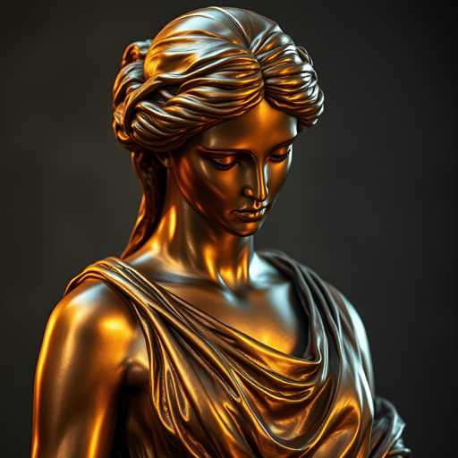 A bronze statue of a woman with long hair and a flowing dress is the central focus of the image. The statue is captured from a low angle, making it appear as if she is looking up at something or someone above her. The background is dark gray, which contrasts with the bronze color of the statue and draws attention to it.