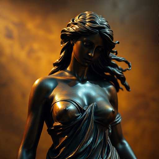 This image features a striking statue of a woman, likely crafted from bronze or a similar metal. The statue is depicted from the waist up, showcasing the woman's elegant and detailed form. She is adorned in a toga-like garment that drapes over her right shoulder, leaving her left shoulder bare. The woman's long, wavy hair cascades down her back, adding to the overall grace of the sculpture. Her head is tilted downward, and her eyes are cast in a contemplative gaze, contributing to the serene and introspective mood of the piece. The statue's surface is predominantly a dark bronze color, with subtle hints of blue and green hues, possibly due to the lighting. The background is a warm, golden-brown shade, which complements the statue's metallic tones and enhances the overall aesthetic of the image.