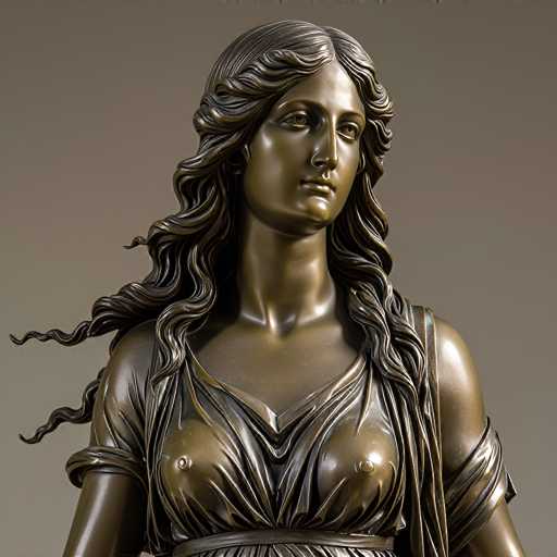 A detailed, high-resolution close-up of a bronze statue of a woman with flowing, curly hair. The statue is in a warm, muted color palette, suggesting a polished bronze finish with subtle variations in tone. The woman is depicted in a classical style, wearing draped clothing that drapes elegantly around her body. Her expression is serene and contemplative, with her gaze directed slightly upward. The lighting highlights the texture of the hair and the folds of the clothing, creating a sense of depth and detail. The background is a soft, neutral color that emphasizes the statue as the central focus.