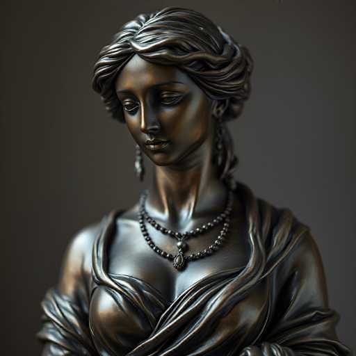 This image features a detailed statue of a woman, likely made of bronze or a similar metal, with a dark brown hue. The statue is depicted from the chest up, showcasing her elegant attire and intricate accessories. She wears a low-cut dress with flowing fabric that drapes over her shoulders, revealing a hint of cleavage. Around her neck, she sports two beaded necklaces, each adorned with a teardrop-shaped pendant. Her long, dangly earrings add to her sophisticated appearance. The woman's hair is styled in a wavy, braided updo, with some strands cascading down her back. Her expression is serene, with her eyes looking downward, and she has a small nose and full lips. The background of the image is a solid dark gray, which contrasts with the statue's metallic sheen, highlighting its fine details and craftsmanship.