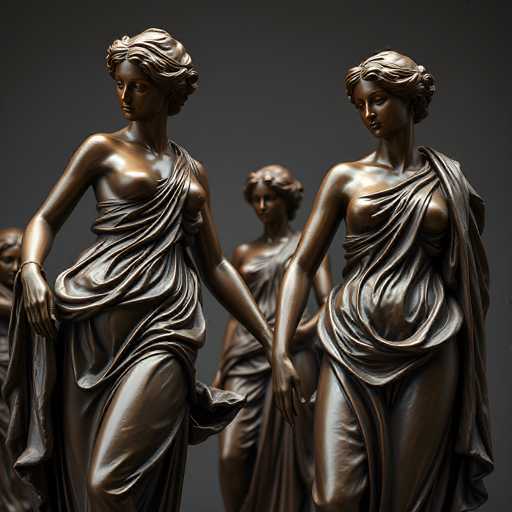This image features a group of statues, likely inspired by ancient Greek or Roman art. The statues depict women adorned in flowing robes that elegantly drape over their bodies, revealing their bare chests and legs. The material of the statues appears to be bronze, with a rich brown hue that adds to their classical aesthetic. The women are positioned in various poses, with some gazing off into the distance, while others look down, adding a sense of contemplation to the scene. The intricate details of the robes and the lifelike portrayal of the figures suggest a high level of craftsmanship, making the statues a striking representation of classical beauty.