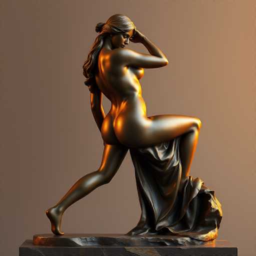 A detailed, photorealistic 3D rendering of a bronze statue of a nude female figure in a dynamic pose. The statue is highly polished, reflecting light with warm, golden highlights and deep shadows that emphasize the curves of the body. She is positioned in a crouched stance, one leg bent and supporting her weight while the other is extended forward. Her head is tilted, with one hand gently touching her hair and the other resting on her hip. A draped cloth flows around her, adding to the sense of movement and elegance. The background is a muted, warm brown, drawing all attention to the intricate details of the sculpture. The overall lighting is soft and dramatic, enhancing the three-dimensional form and texture of the bronze.