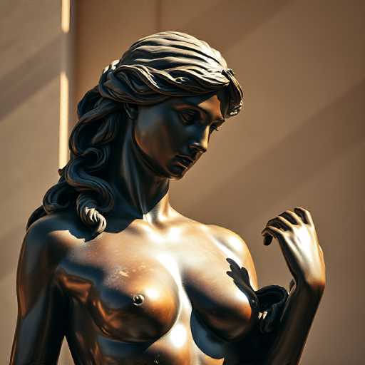 This image features a bronze statue of a woman, captured from the chest up. The statue is positioned against a backdrop of a white wall, which is illuminated by sunlight streaming in from the left side, casting a warm glow on the statue's surface. The woman's face is turned slightly to the right, gazing downward. Her long, wavy hair cascades down her back, with a section tucked behind her right ear. She is depicted nude, with her right arm hanging straight down by her side, while her left arm is bent at the elbow, with her hand raised near her chest. The statue's right nipple is visible, adding to the lifelike detail of the piece.