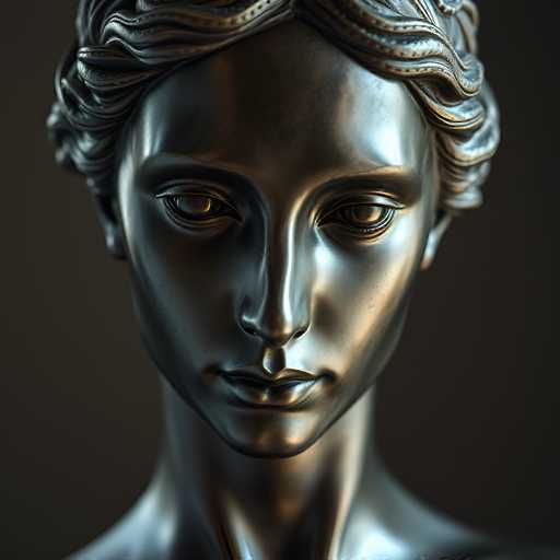 This image features a detailed close-up of a statue's head, showcasing the intricate craftsmanship of the sculpture. The statue, which appears to be made of a dark, bronze-like material, depicts a woman with short, curly hair that is pulled back, revealing her ears. Her eyes are open, gazing slightly downward, and her lips are closed, giving her a serene expression. The statue's neck is visible, but the shoulders are out of the frame. The background is a solid black, which accentuates the statue's features and the subtle play of light on its surface. The overall composition focuses solely on the head and neck, emphasizing the fine details of the sculpture.
