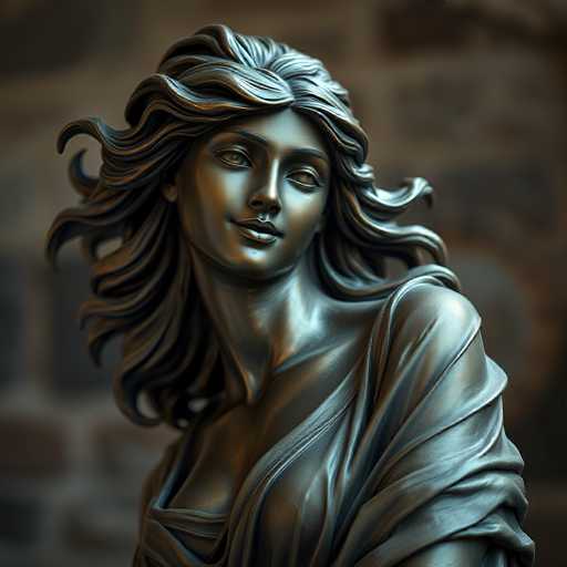 This image features a detailed statue of a woman, crafted from a material that appears to be bronze or copper, with a striking greenish hue. The statue is depicted from the chest up, showcasing her elegant attire and serene expression. She is adorned in a dress that drapes gracefully over her right shoulder, leaving her left shoulder bare. Her long, wavy hair cascades down to her chest, adding to the statue's lifelike quality. The woman's face is turned slightly to the right, with her eyes closed and a gentle smile playing on her lips. Her eyebrows are thin and well-defined, complementing her overall tranquil appearance. The background is blurred, drawing focus entirely to the statue, which stands out vividly against the indistinct backdrop.