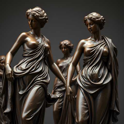 The image shows four bronze statues of women standing side by side against a gray background. The statues have flowing robes and are positioned with their hands placed on each other's shoulders.