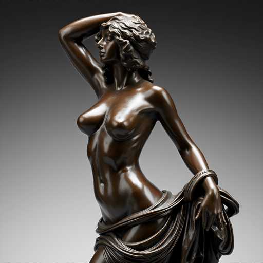 The image shows a bronze statue of a naked woman with her hair styled in loose curls and wearing a skirt. The statue is positioned on the left side of the frame against a gray background.