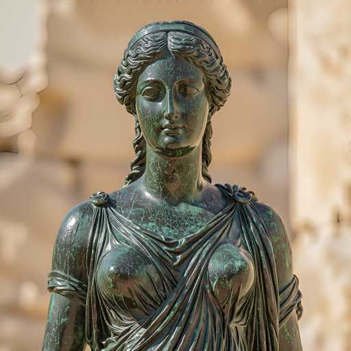 This image features a statue of a woman, likely made of bronze or copper, that has developed a green patina over time, giving it a distinctive aged appearance. The statue is depicted from the waist up, with her arms cut off at the elbows. She is adorned in a toga-like garment that drapes elegantly over her shoulders and chest, with the fabric intricately detailed to appear as if it is flowing in the wind. The woman's hair is styled in a braided updo, and she wears a headband that sits atop her head. Her facial features are serene, with closed eyes and a gentle smile, exuding a sense of timeless beauty. The background is blurred, suggesting the statue is situated in an outdoor setting, possibly in front of a building.