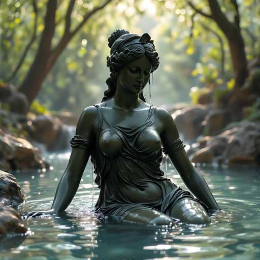 A detailed, photorealistic image of a classical bronze statue of a woman in a water-filled pool. The statue is positioned partially submerged, with only the upper body and head visible above the water's surface. The woman is depicted in a draped garment, her hair styled in an elaborate updo adorned with leaves or flowers. Her expression is serene and contemplative, her eyes closed as if in meditation. Water droplets cling to the statue's surface, reflecting the soft sunlight filtering through the surrounding trees. The pool is surrounded by smooth, moss-covered rocks and lush greenery, creating a tranquil and ethereal atmosphere. The overall lighting is soft and diffused, with a gentle glow emanating from the background, enhancing the sense of depth and serenity. The image is rendered in a realistic style, with attention to detail in the texture of the bronze and the water's surface.