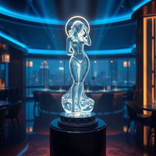 The image depicts a striking, computer-generated scene of a modern, high-end restaurant or bar with a panoramic view of a city skyline. The room is dimly lit, with a soft blue glow emanating from the ceiling, creating a sophisticated ambiance. In the foreground, a black pedestal supports a glowing, translucent statue of a woman with long hair, dressed in a revealing, form-fitting dress that accentuates her curves. The statue, which appears to be made of crystal or glass, has a white light emanating from its center, giving it an ethereal quality. Surrounding the statue are several round tables with chairs, some occupied by people, while others remain empty. The tables are adorned with candles and glasses, adding to the elegant atmosphere. The floor features a dark, intricate pattern, possibly a carpet or tile, and the room is framed by large windows that offer a view of the cityscape beyond.